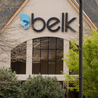 closeup of Belk brand and logo signage