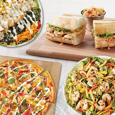 pizza, salads, and sandwiches
