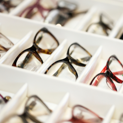 eye glasses on display shelves